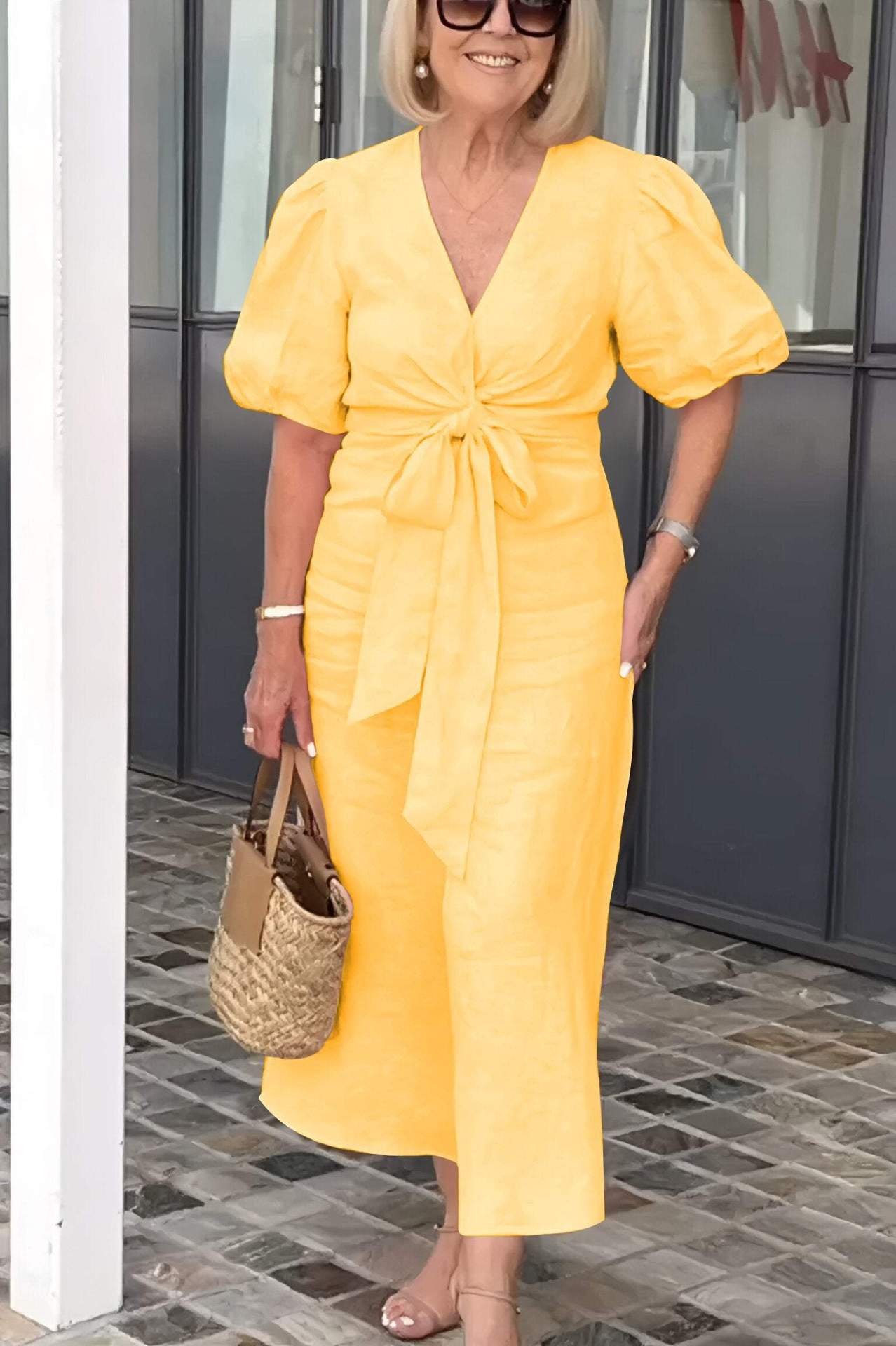 V-Neck Tie-Waist Cotton Blend Dress