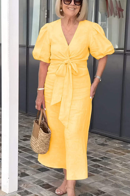 V-Neck Tie-Waist Cotton Blend Dress