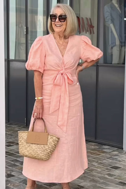 V-Neck Tie-Waist Cotton Blend Dress