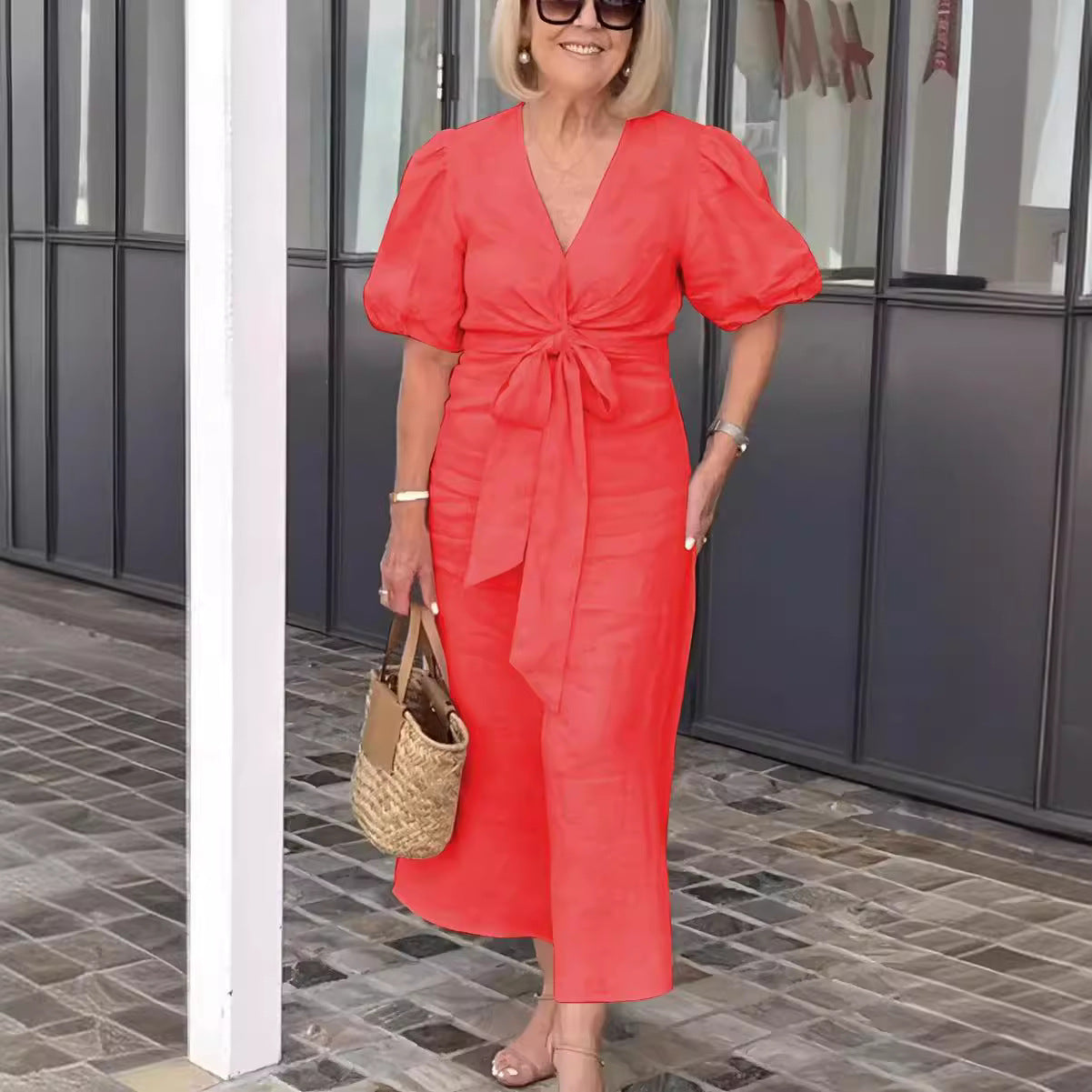 V-Neck Tie-Waist Cotton Blend Dress