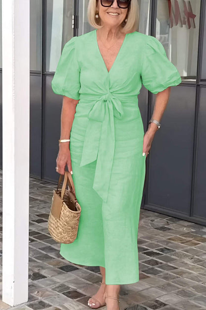 V-Neck Tie-Waist Cotton Blend Dress