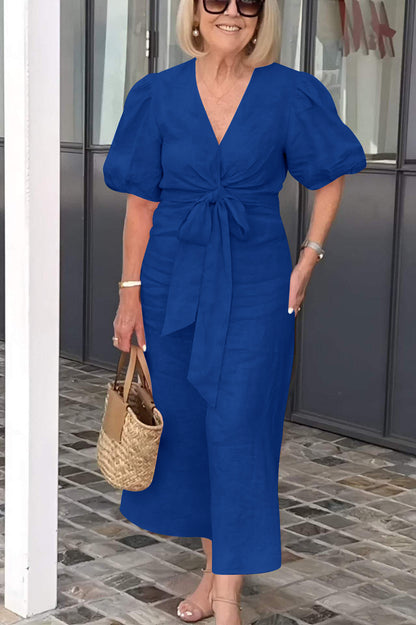 V-Neck Tie-Waist Cotton Blend Dress