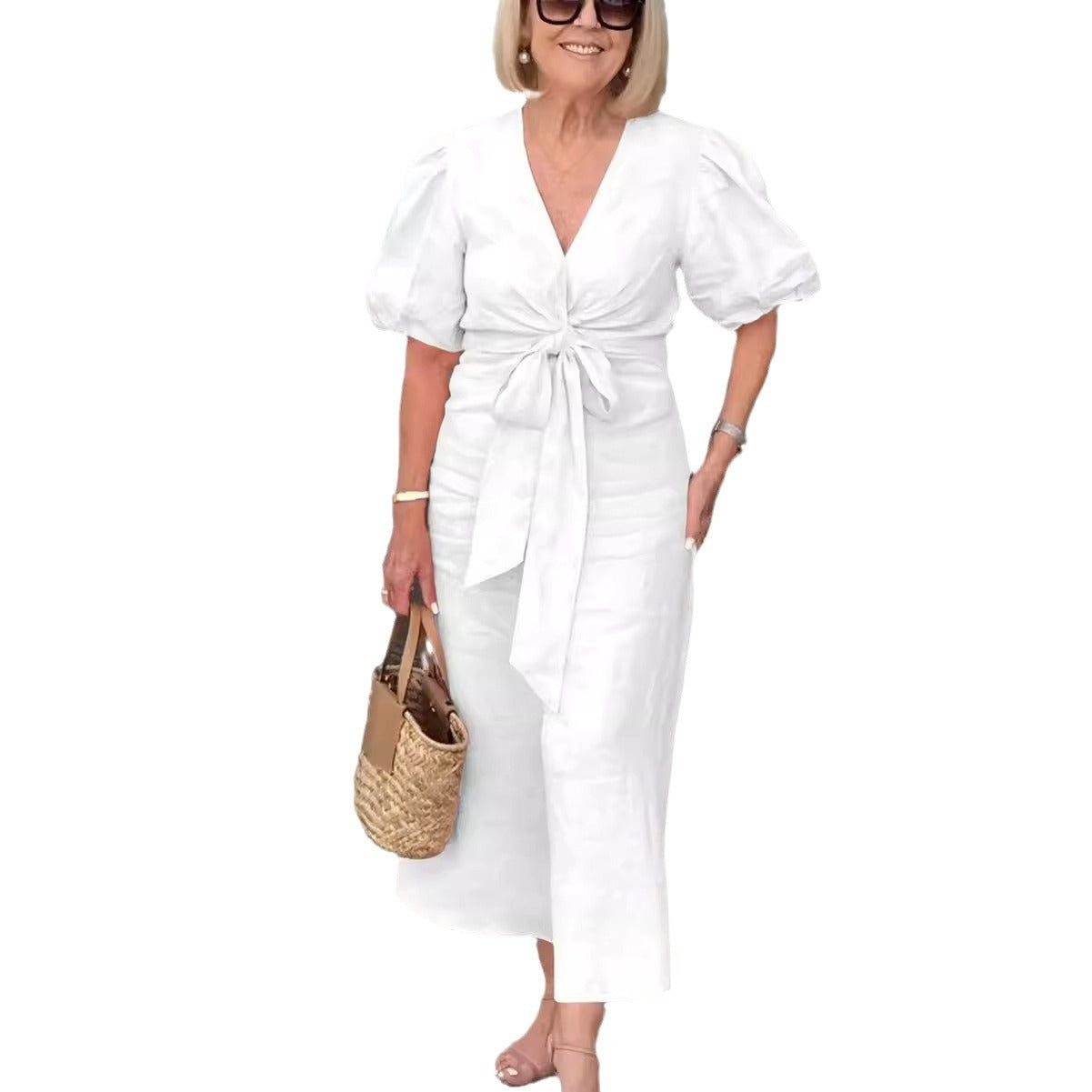 V-Neck Tie-Waist Cotton Blend Dress
