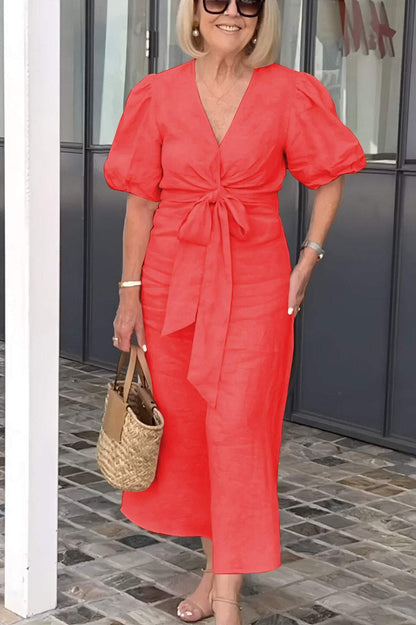 V-Neck Tie-Waist Cotton Blend Dress