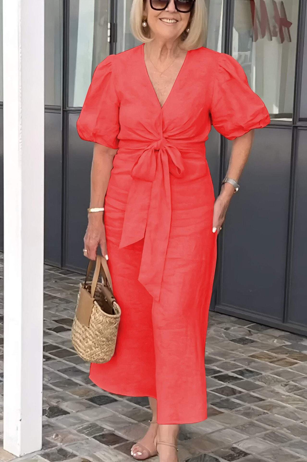 V-Neck Tie-Waist Cotton Blend Dress