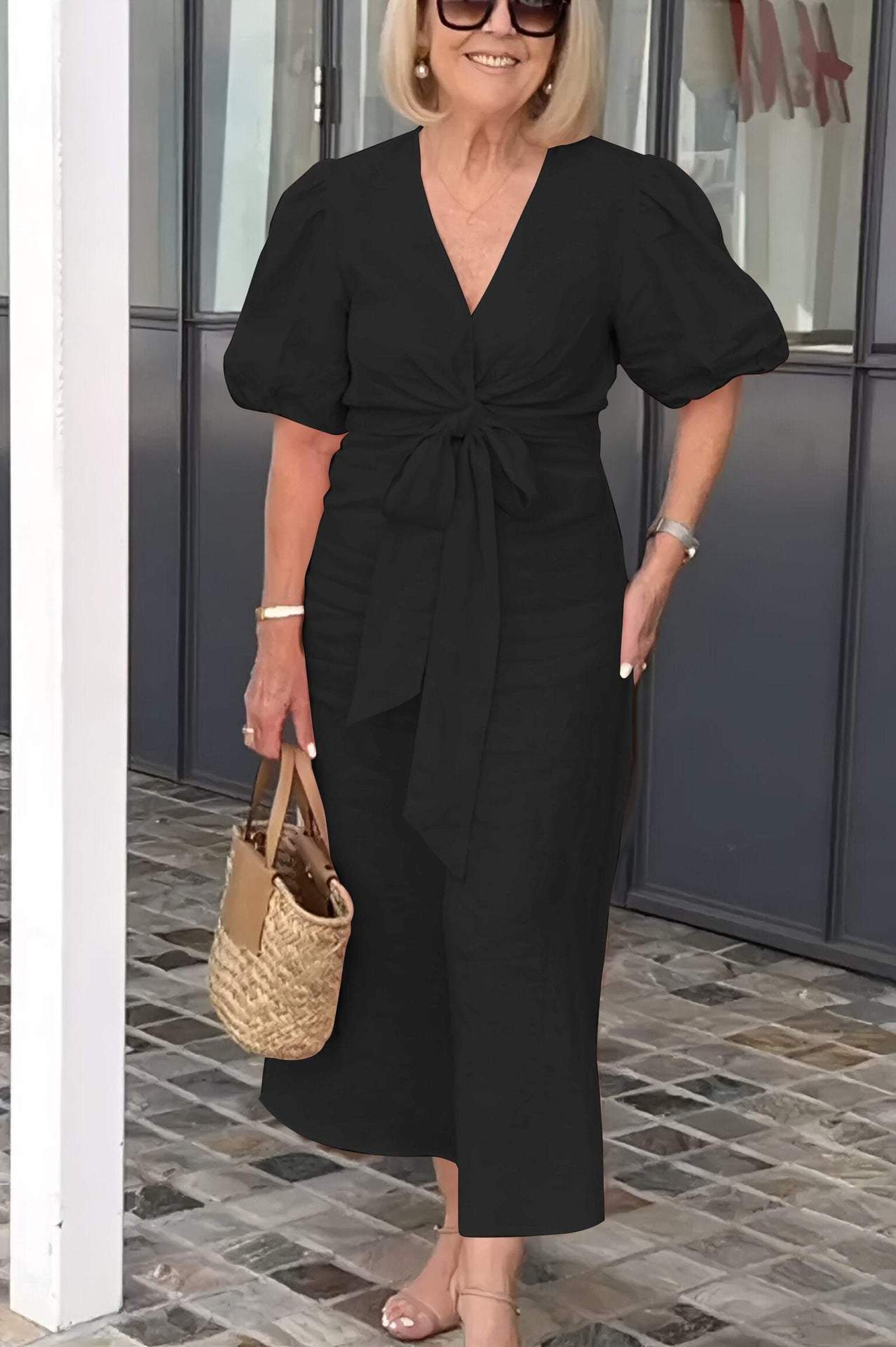 V-Neck Tie-Waist Cotton Blend Dress