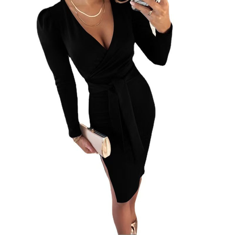 V-Neck Tie-Waist Solid Color Dress