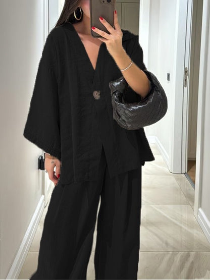 V-neck top and wide-leg pants casual outfit