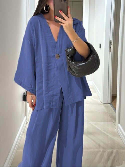 V-neck top and wide-leg pants casual outfit