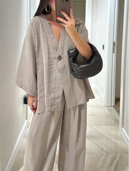 V-neck top and wide-leg pants casual outfit