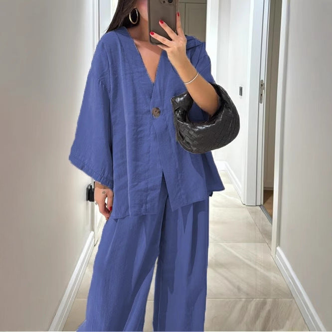 V-neck top and wide-leg pants casual outfit