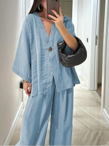 V-neck top and wide-leg pants casual outfit