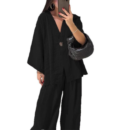 V-neck top and wide-leg pants casual outfit