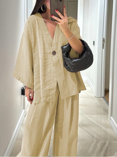 V-neck top and wide-leg pants casual outfit