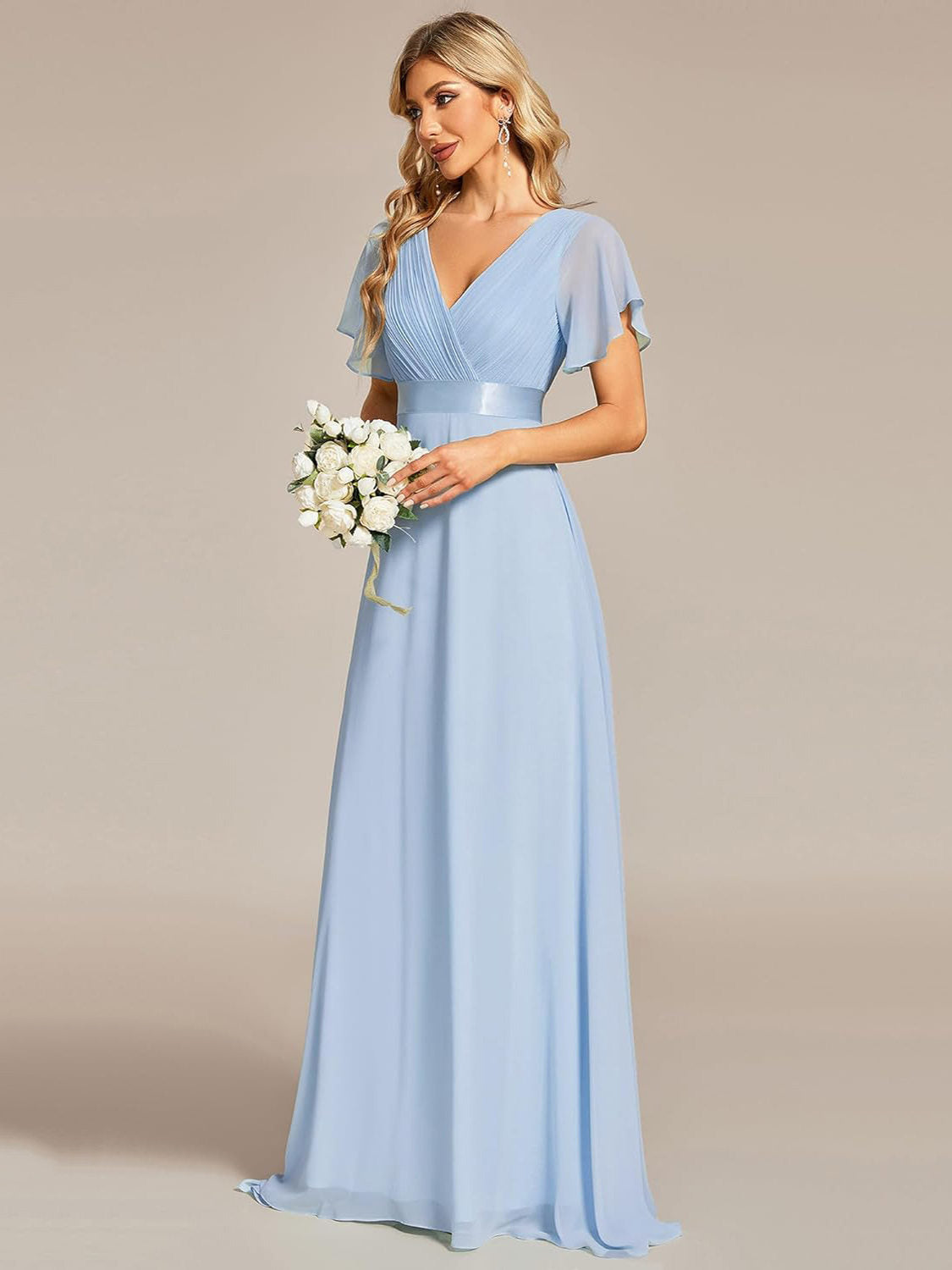 V-Neck Trumpet Sleeve Bridesmaid Dress