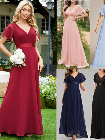 V-Neck Trumpet Sleeve Bridesmaid Dress