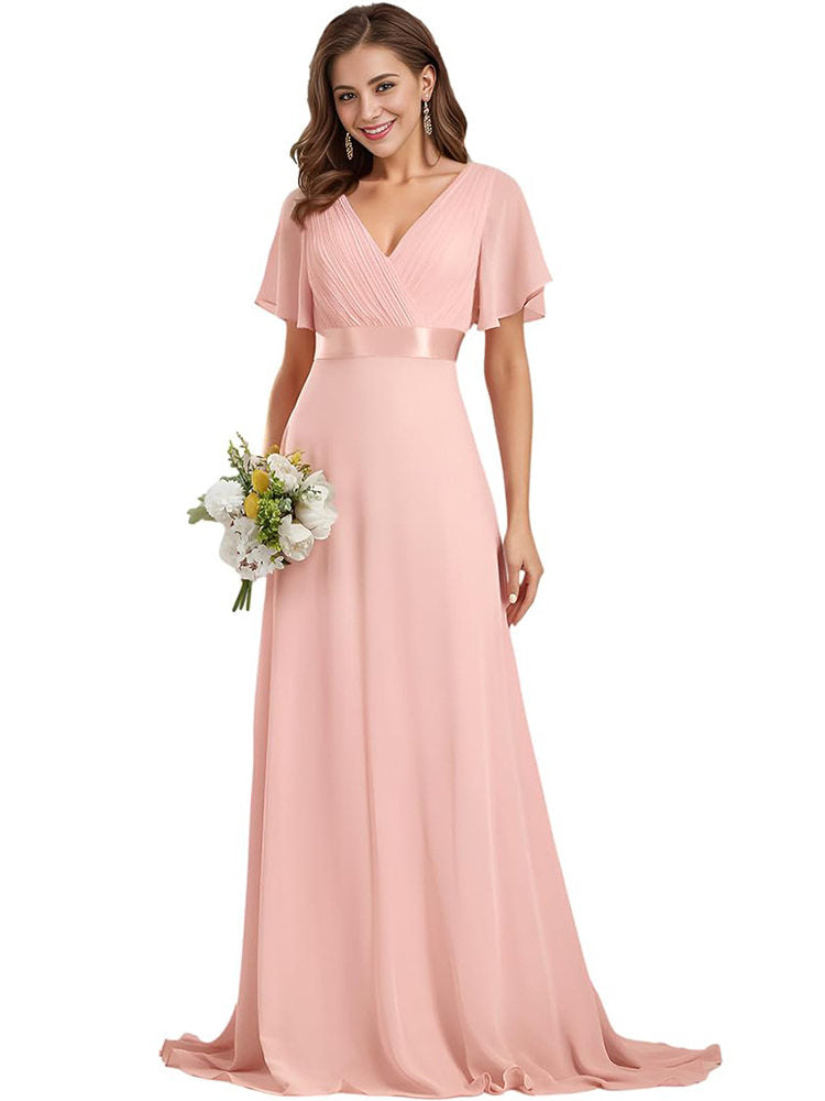 V-Neck Trumpet Sleeve Bridesmaid Dress