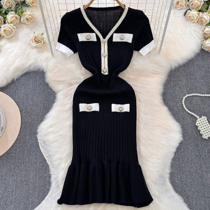 V-Neck Waist-Cinching Knitted Dress