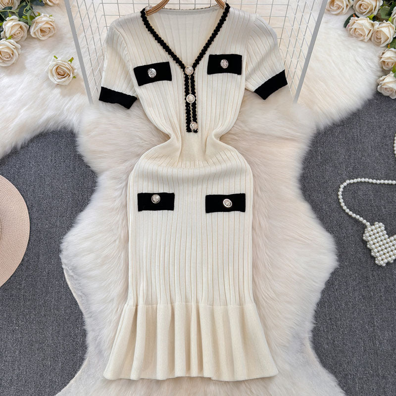 V-Neck Waist-Cinching Knitted Dress