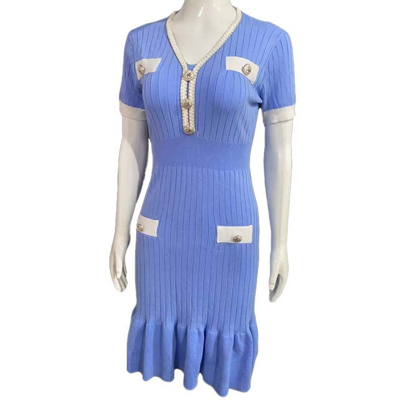 V-Neck Waist-Cinching Knitted Dress
