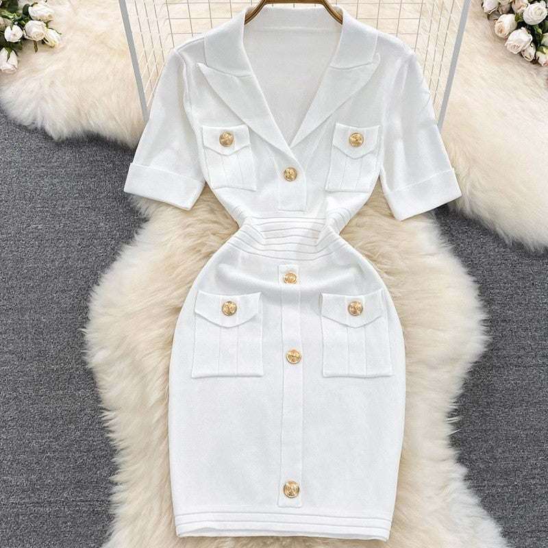 V-Neck Waist-Cinching Knitted Dress