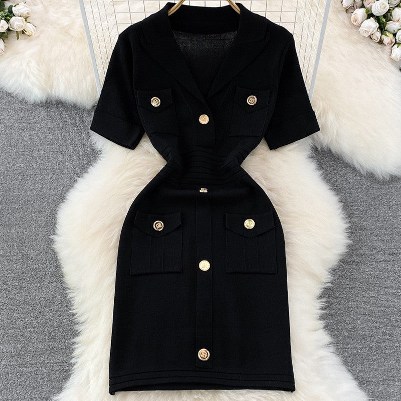 V-Neck Waist-Cinching Knitted Dress
