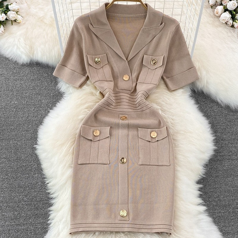 V-Neck Waist-Cinching Knitted Dress
