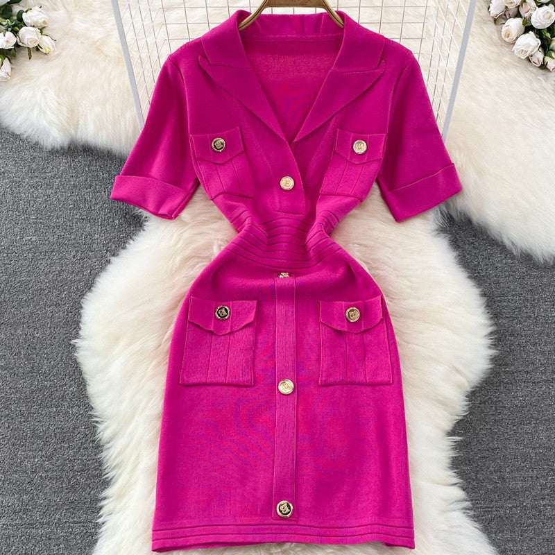 V-Neck Waist-Cinching Knitted Dress