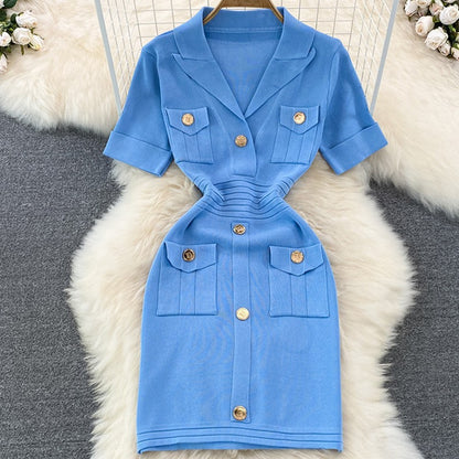 V-Neck Waist-Cinching Knitted Dress