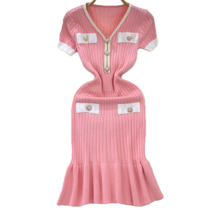 V-Neck Waist-Cinching Knitted Dress