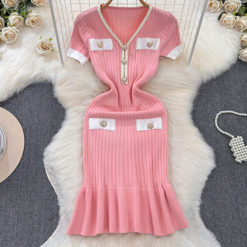 V-Neck Waist-Cinching Knitted Dress