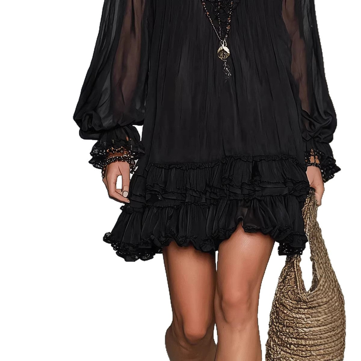 V-Neck Waist-Cinching Ruffle Elegant Dress