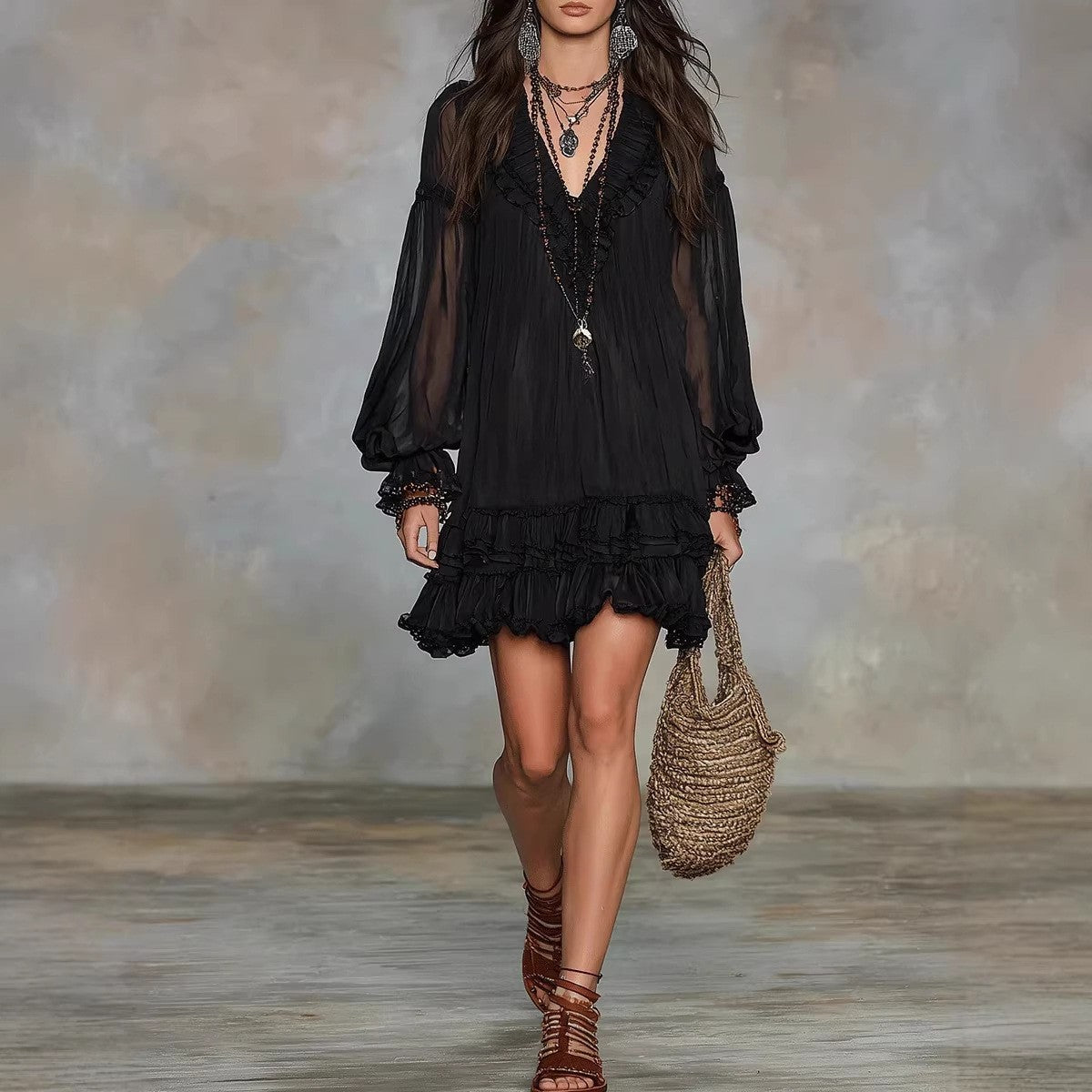 V-Neck Waist-Cinching Ruffle Elegant Dress