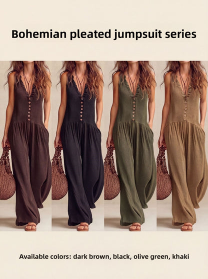 V-Neck Wide-Leg Slim-Fit Jumpsuit