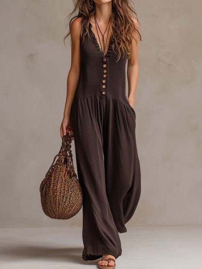 V-Neck Wide-Leg Slim-Fit Jumpsuit