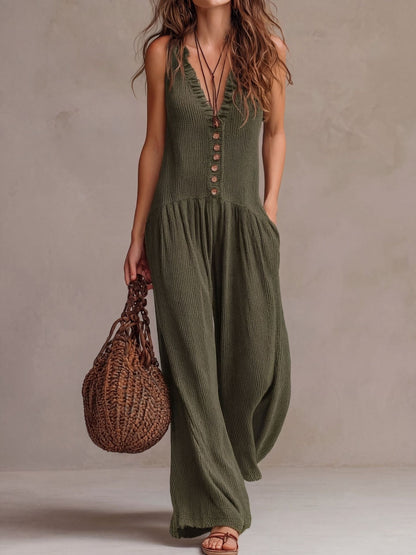 V-Neck Wide-Leg Slim-Fit Jumpsuit
