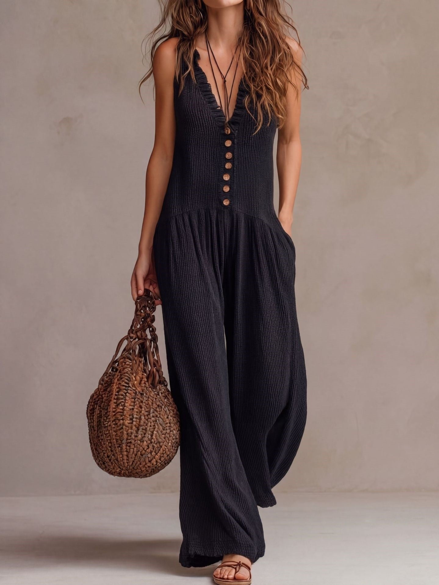V-Neck Wide-Leg Slim-Fit Jumpsuit
