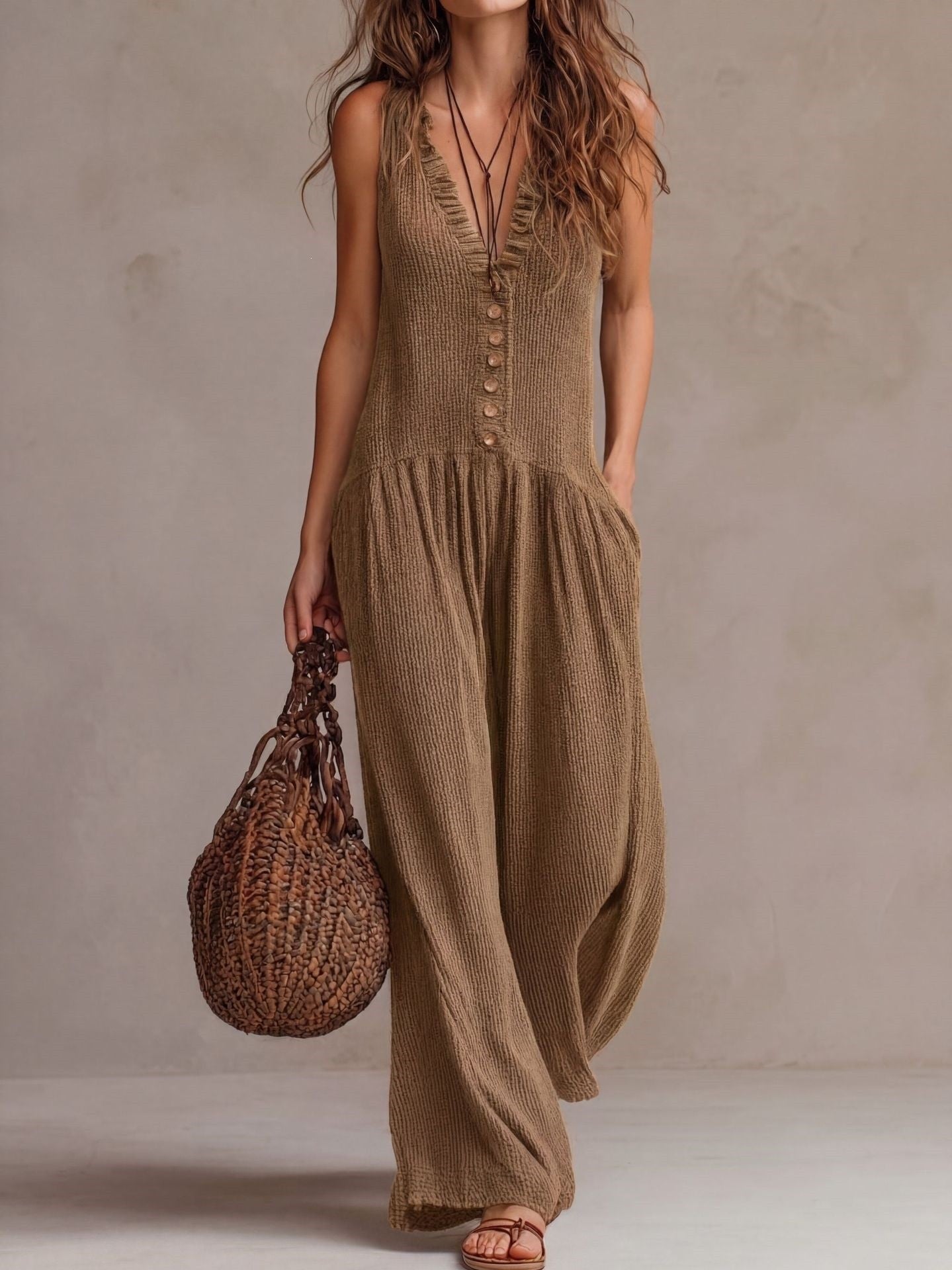 V-Neck Wide-Leg Slim-Fit Jumpsuit