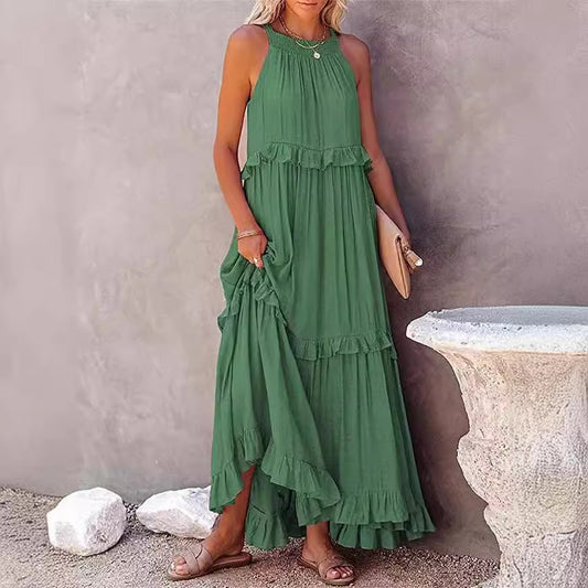 Vacation style ruffled long dress
