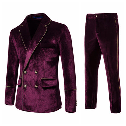Velvet Gold Trim Double Breasted Suit Set