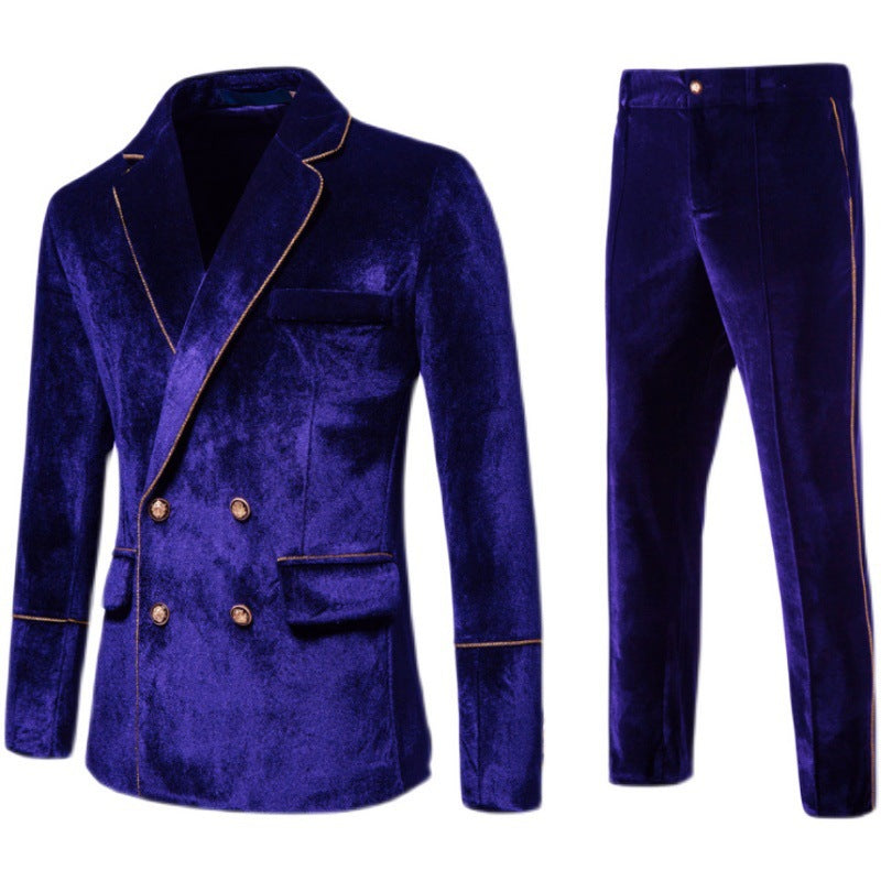 Velvet Gold Trim Double Breasted Suit Set