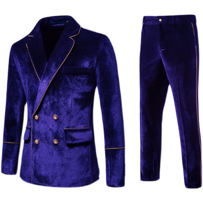 Velvet Gold Trim Double Breasted Suit Set
