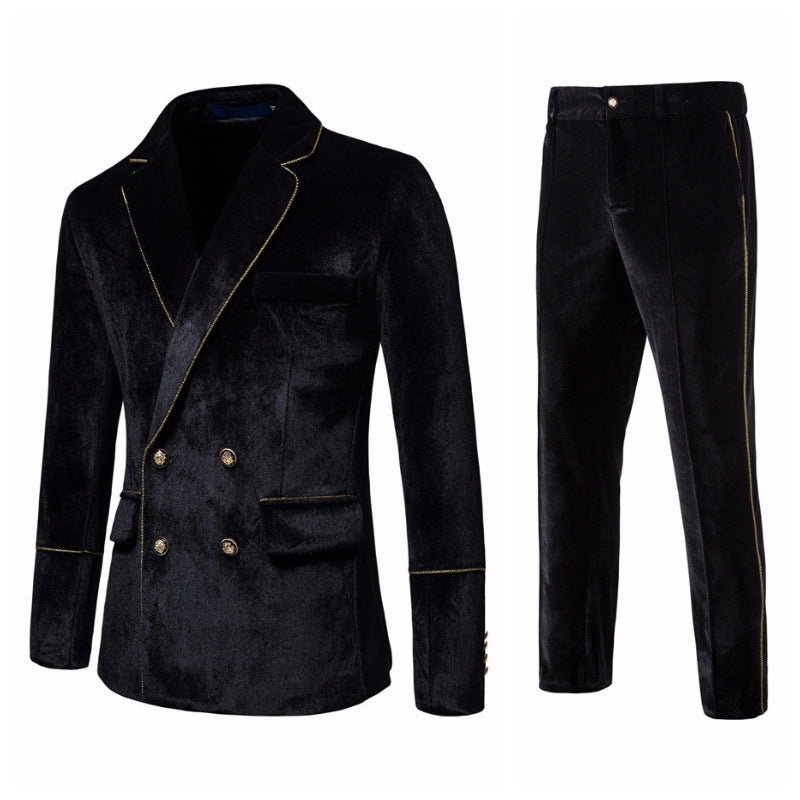 Velvet Gold Trim Double Breasted Suit Set
