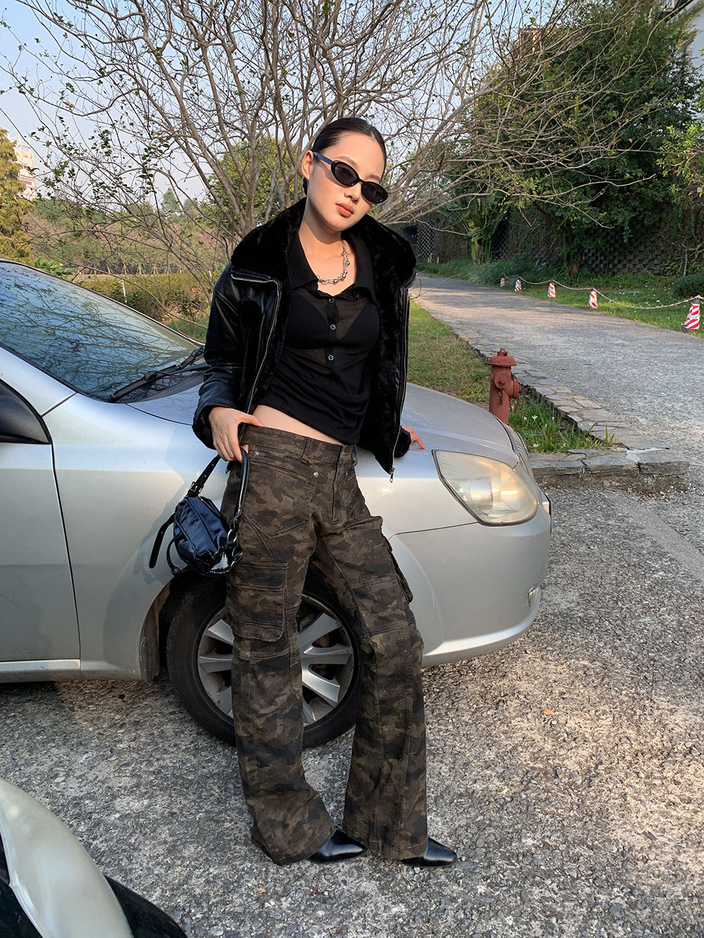 Versatile flared camouflage cargo pants for women