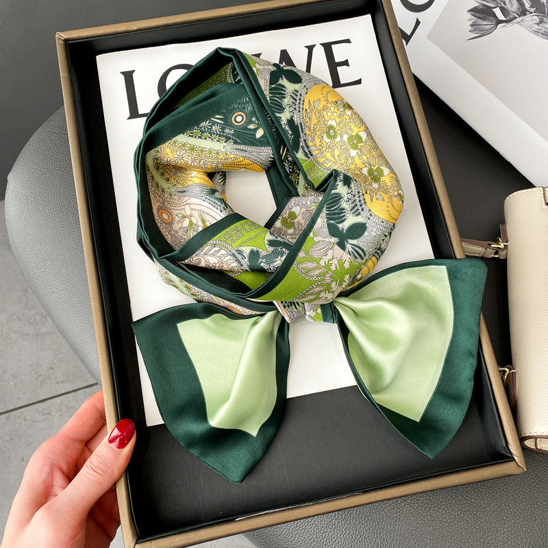 Versatile Floral Print Simulated Silk Scarf