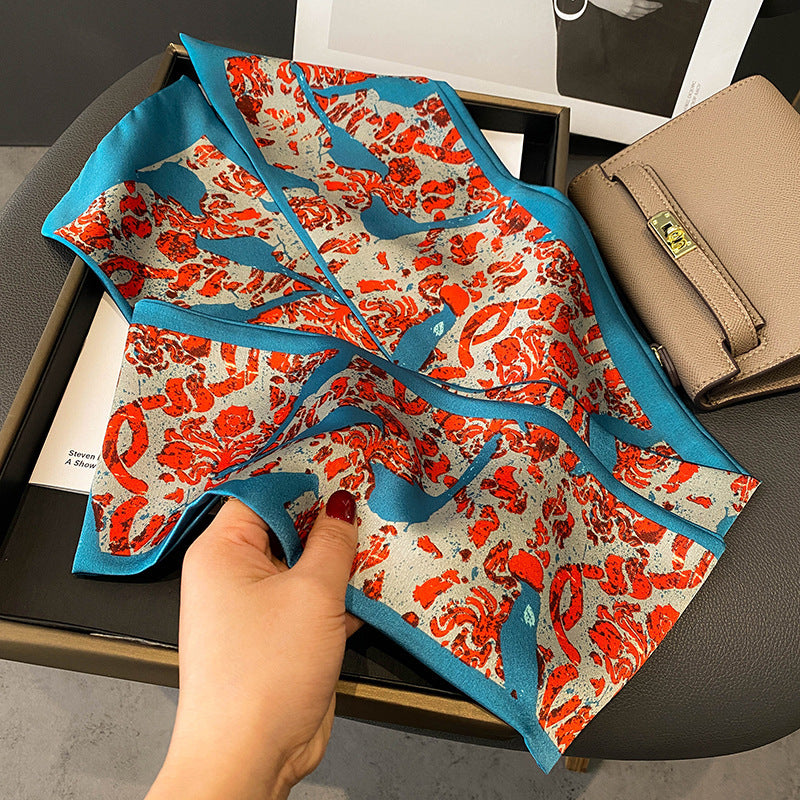 Versatile Floral Print Simulated Silk Scarf