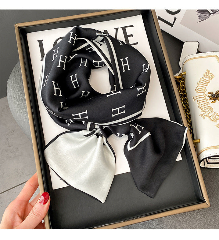 Versatile Floral Print Simulated Silk Scarf