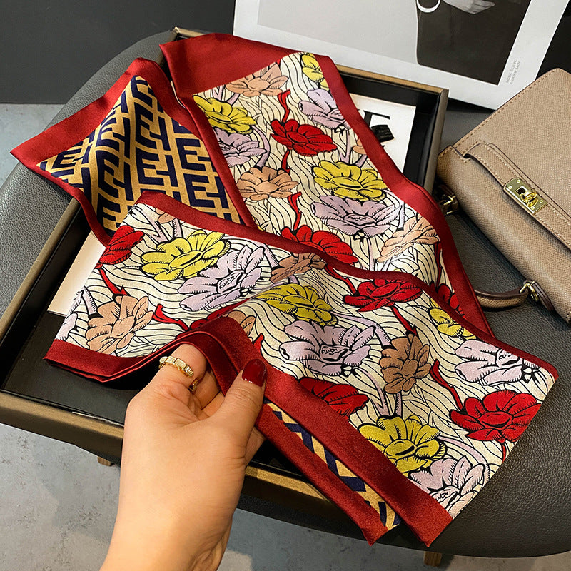 Versatile Floral Print Simulated Silk Scarf