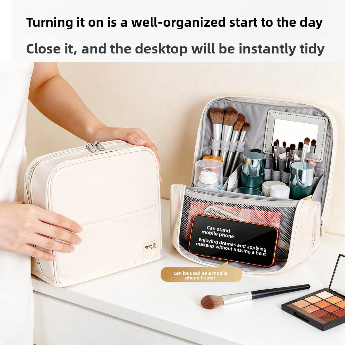 Vertical Makeup Bag with Mirror and Compartments