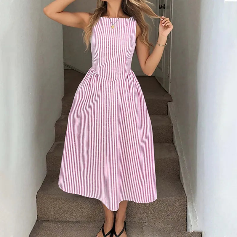 Vertical Stripe Casual Sleeveless Pocket Fashion Dress